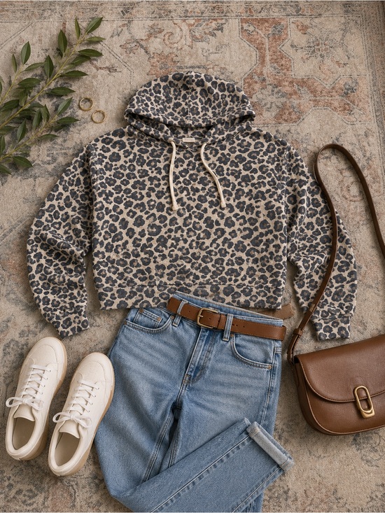 Abercrombie & Fitch Tops - Abercrombie & Fitch Leopard Print Cropped Hoodie - Taupe & Black